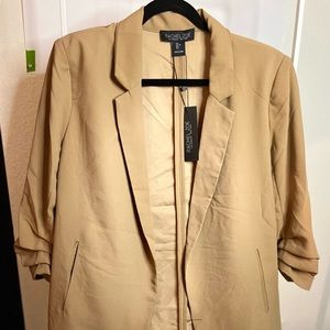 NWT Tan longline ruched sleeve blazer with functional pockets